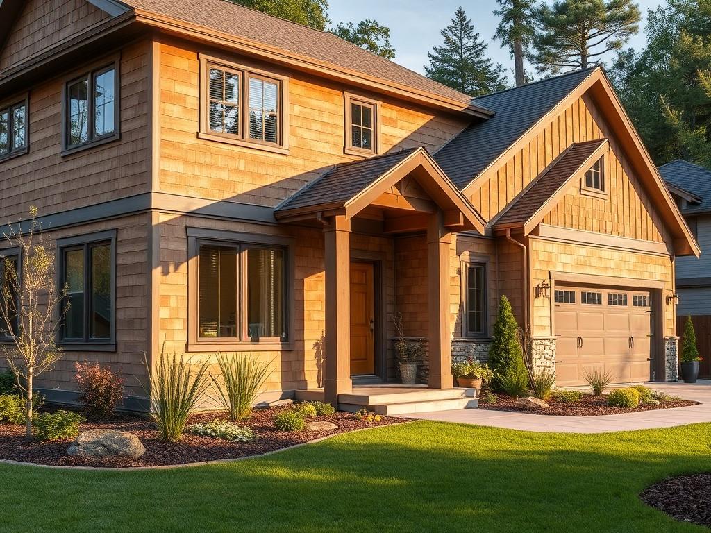 A high-resolution image showcasing a beautifully installed siding on a modern residential home. The siding features natural wood textures in earthy tones, providing a warm and inviting look. The home is surrounded by a well-maintained lawn and landscaped garden, with soft natural lighting illuminating the exterior. The composition should focus on the siding details and overall home aesthetic, emphasizing quality craftsmanship.