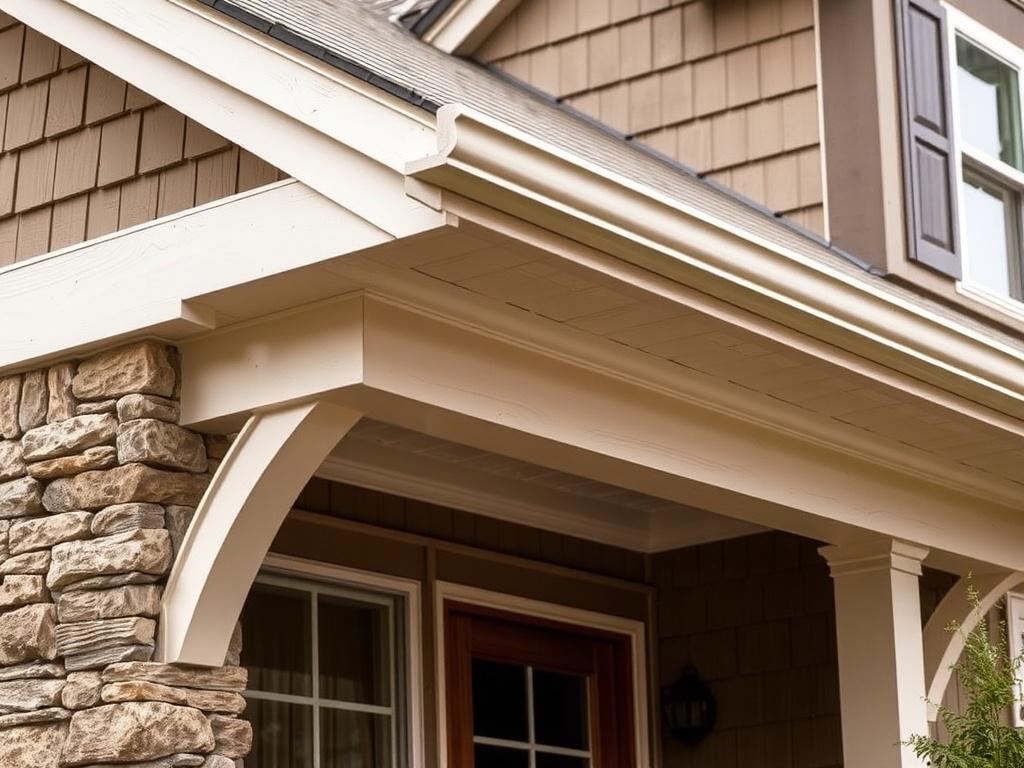 A realistic high-resolution photo of a newly installed soffit and fascia on a residential home. The image should focus on the detailed craftsmanship of the soffit and fascia, showcasing clean lines and quality materials. The background should include a well-maintained home exterior with natural tones and earthy textures, reflecting a grounded and rustic aesthetic.