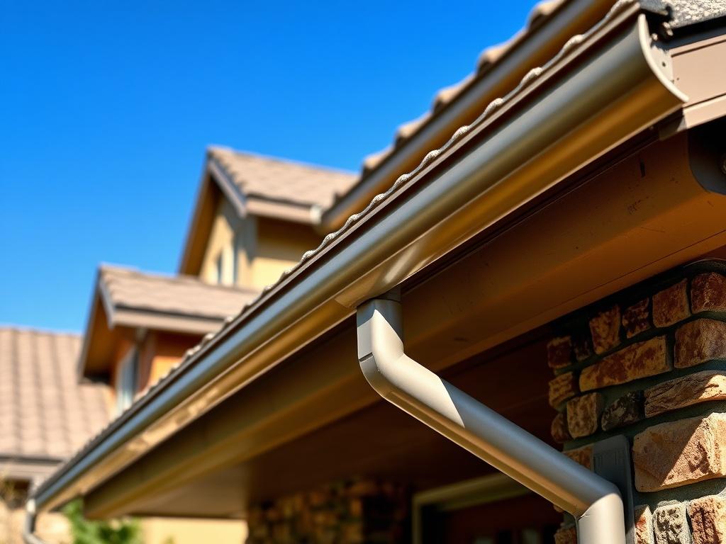 A high-resolution image of a clean, well-maintained house with newly installed gutter covers. The focus is on the gutters, showcasing their sleek design and protection from debris, with a clear blue sky in the background. The house features earthy tones, rustic textures, and a cozy atmosphere, emphasizing the quality of the installation. The composition should highlight the gutters while keeping the house in the background, creating a balanced and inviting scene.