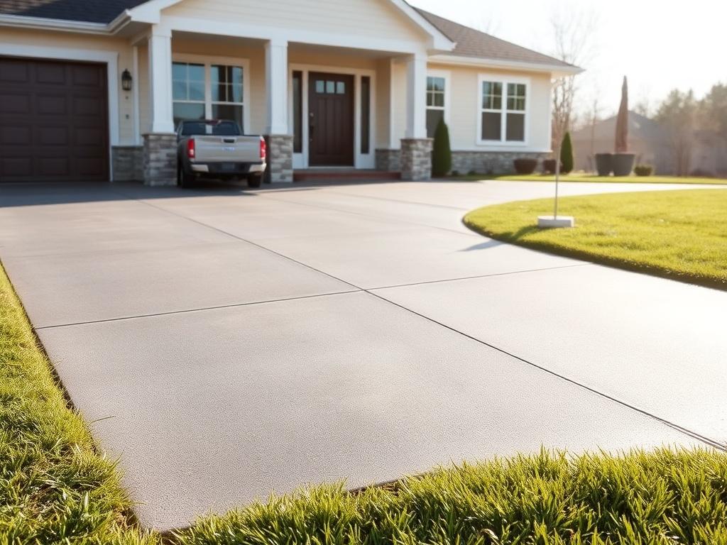 A high-resolution photo of a newly installed concrete driveway, showcasing its smooth texture and clean lines. The driveway should be set in a residential environment, surrounded by green grass and a few decorative shrubs. The sun should be shining, highlighting the driveway's surface, giving it a polished look. The background should feature a simple, modern home with a welcoming entrance, creating a sense of warmth and curb appeal.