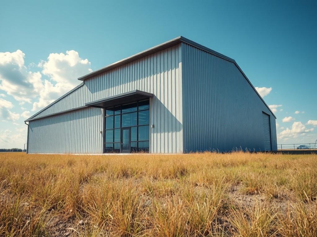A high-resolution image of a modern steel building in a rural setting, showcasing its sleek design and robust structure. The foreground should include a well-maintained grassy area, while the background features a clear blue sky with a few fluffy clouds. The steel building should be the focal point, highlighting its shiny metallic surface and large windows. Natural, earthy tones should dominate the scene, creating a grounded and rustic aesthetic.