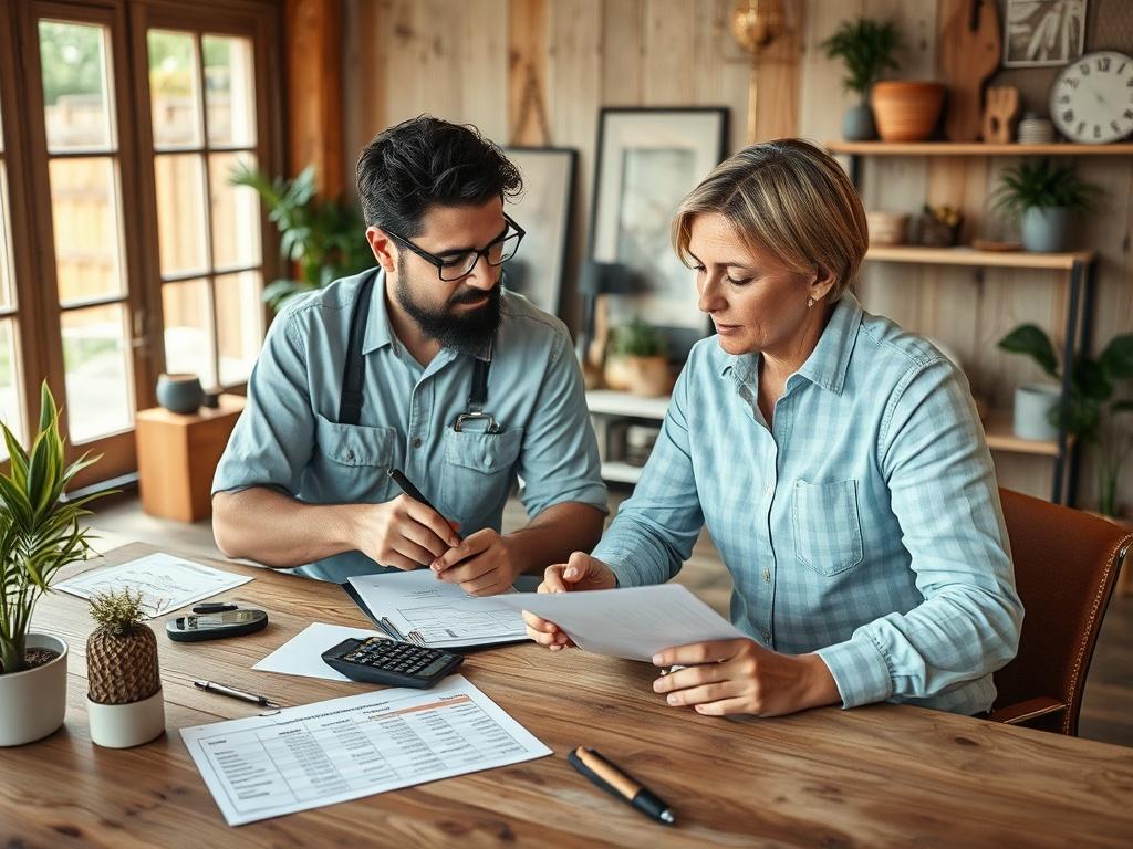 A contractor reviewing a cost estimate with a client in a cozy office space, featuring a calculator and a detailed breakdown of costs on the table. The atmosphere should be friendly and professional, with natural lighting and an inviting design.