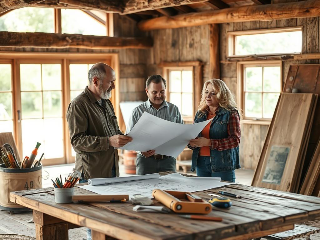 A construction consultant discussing plans with a client at a rustic table, surrounded by blueprints and tools, in a well-lit, natural environment. The setting should convey a sense of collaboration and expertise, with earthy tones and textures that reflect a grounded aesthetic.