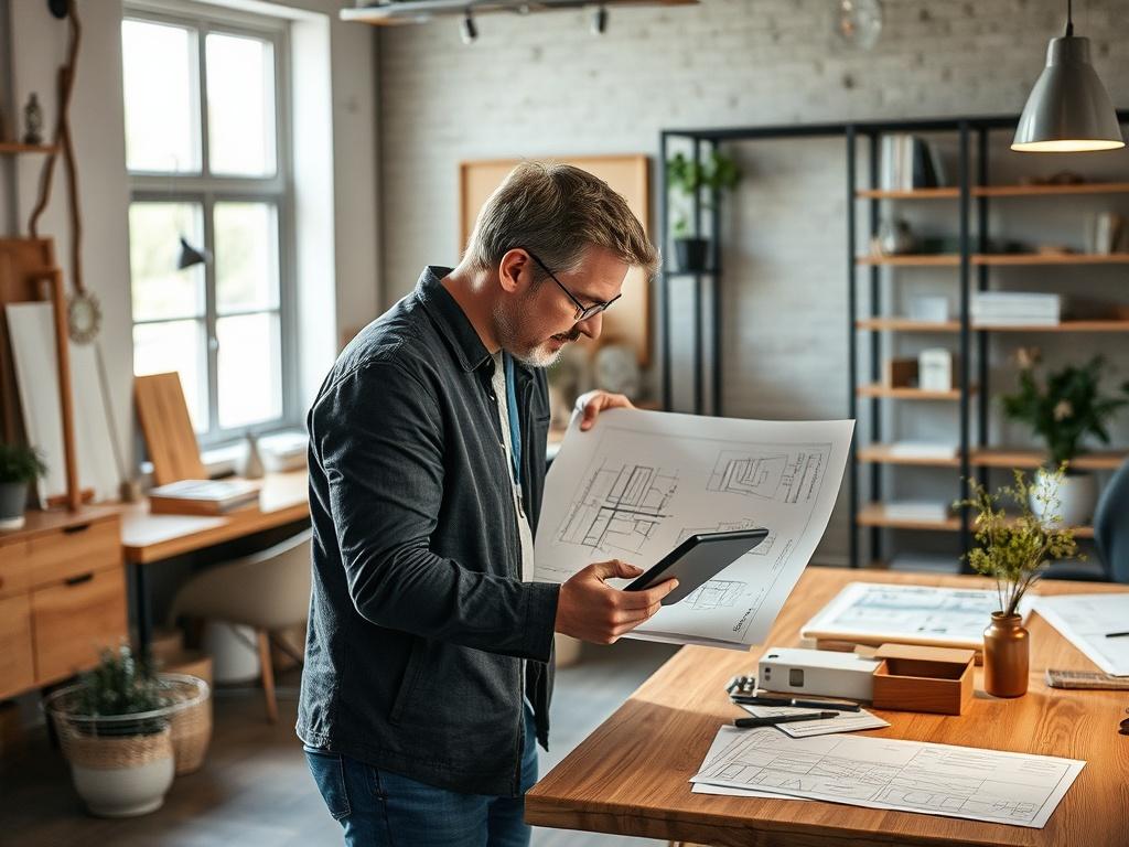 An architect and client reviewing project plans on a digital tablet in a modern workspace, showcasing detailed blueprints and design elements. The scene should reflect creativity and collaboration, with a clean and organized layout.