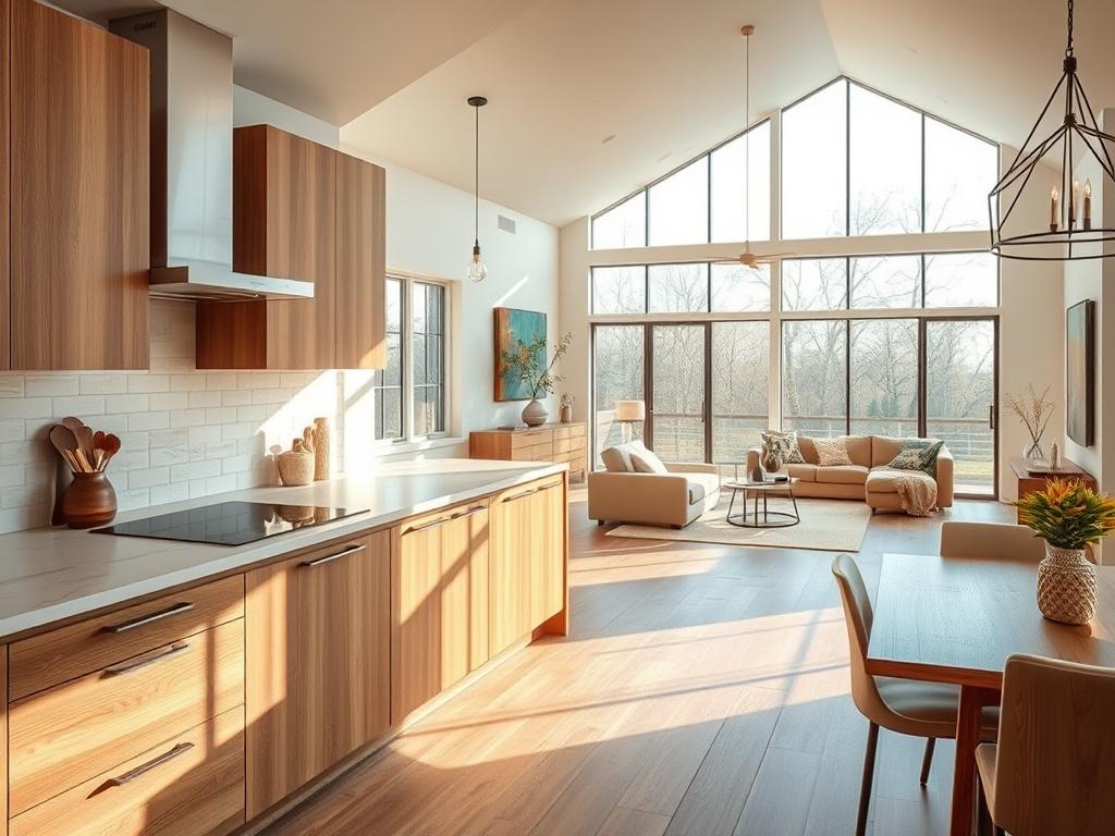 A beautifully renovated kitchen showcasing modern design elements, with a focus on natural wood cabinets and sleek countertops. The scene captures a bright, airy space with large windows allowing natural light to pour in. In the background, a stylish living room is visible, featuring contemporary furnishings and warm earthy tones. The overall atmosphere is inviting and elegant, reflecting the essence of full interior and exterior renovations.