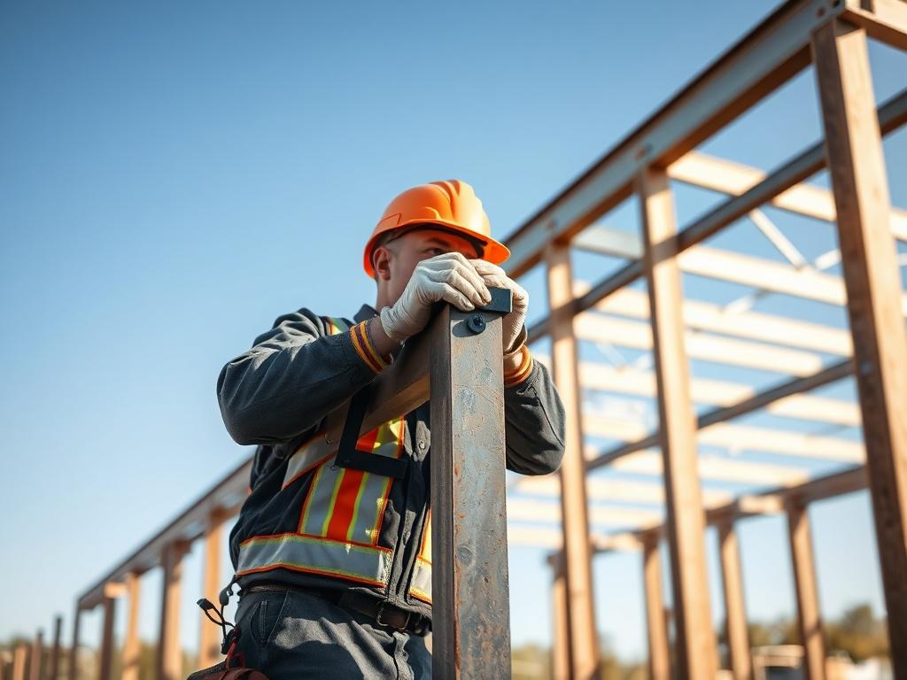 A skilled construction worker in a hard hat and safety gear is erecting a custom steel building frame. The foreground shows the worker carefully aligning steel beams, while the background features a partially constructed steel structure against a clear blue sky. The scene captures an active construction site with natural earthy tones and textures, showcasing professionalism and expertise in steel building erection.
