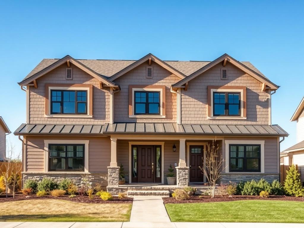 A beautifully renovated modern home showcasing a full exterior transformation. The house features new high-quality siding, energy-efficient windows, and meticulously landscaped surroundings. The image captures the essence of quality craftsmanship with natural tones and earthy textures, set against a clear blue sky. The composition should focus on the front elevation of the house, highlighting the new architectural features and inviting curb appeal.