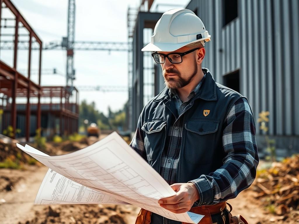 A skilled construction professional inspecting blueprints on a construction site,