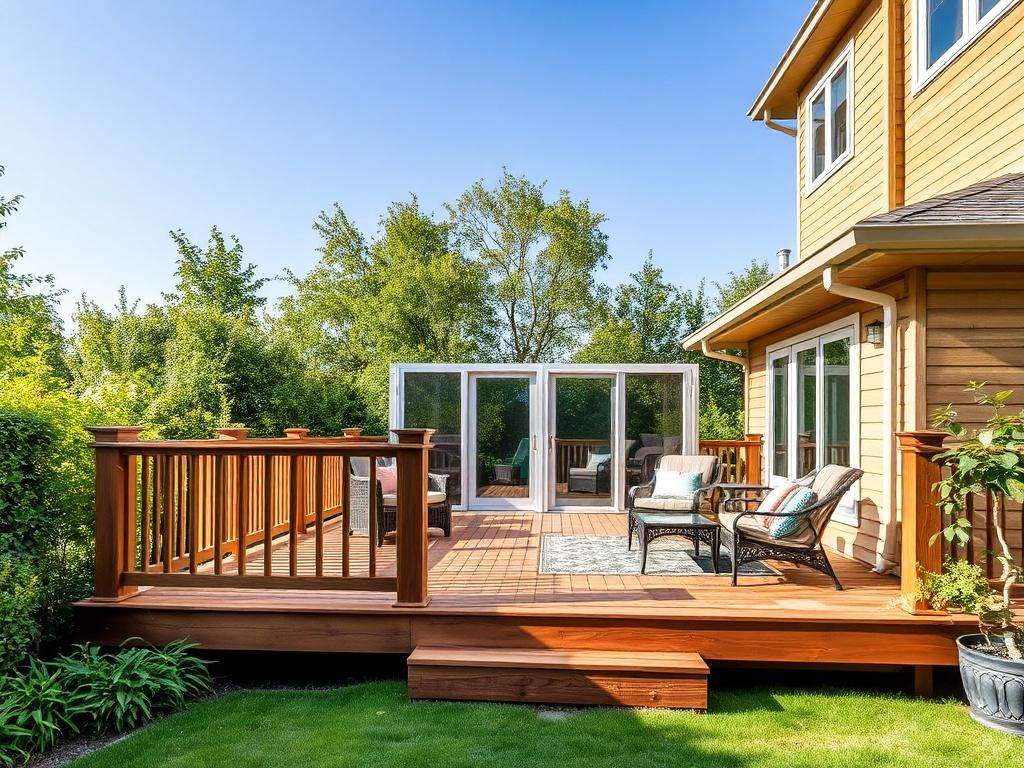 A beautifully constructed wooden deck surrounded by lush greenery, with