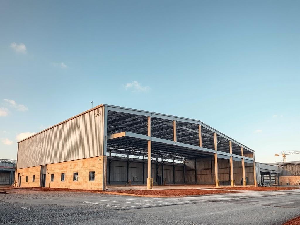 A high resolution of a newly constructed steel warehouse, showcasing