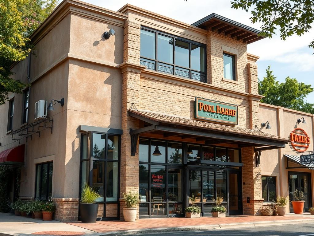 A high resolution showcasing a beautifully renovated commercial building exterior,