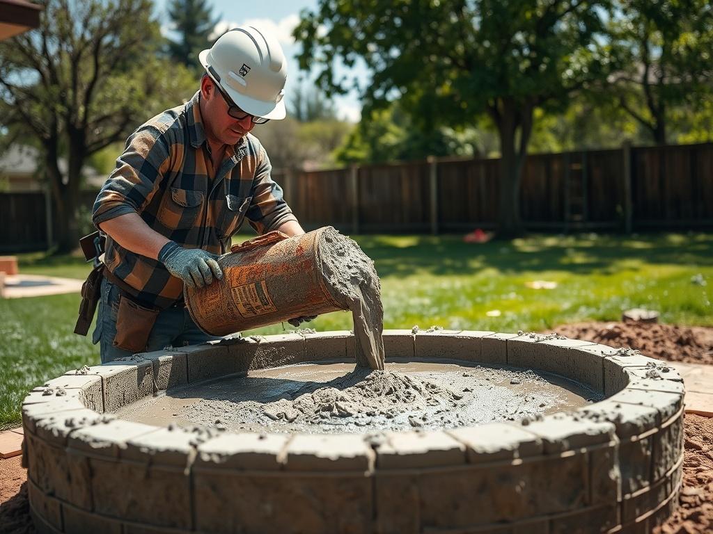 A realistic high-resolution photo of a construction worker pouring fresh concrete into a mold for a patio, showcasing the texture and detail of the wet concrete. The background features a sunny day with trees and grass, creating a natural and inviting environment. The worker wears safety gear, including gloves and a hard hat, while focused on the task at hand.