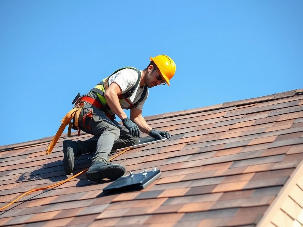 A realistic high-resolution photo of a skilled roofer working on a roof installation. The roofer is wearing safety gear and is positioned on a sloped roof, showcasing a clear blue sky in the background. The roof material is modern asphalt shingles with earthy tones, blending well with the rustic aesthetic. The scene captures the focus and professionalism of the roofing service, emphasizing craftsmanship and safety.