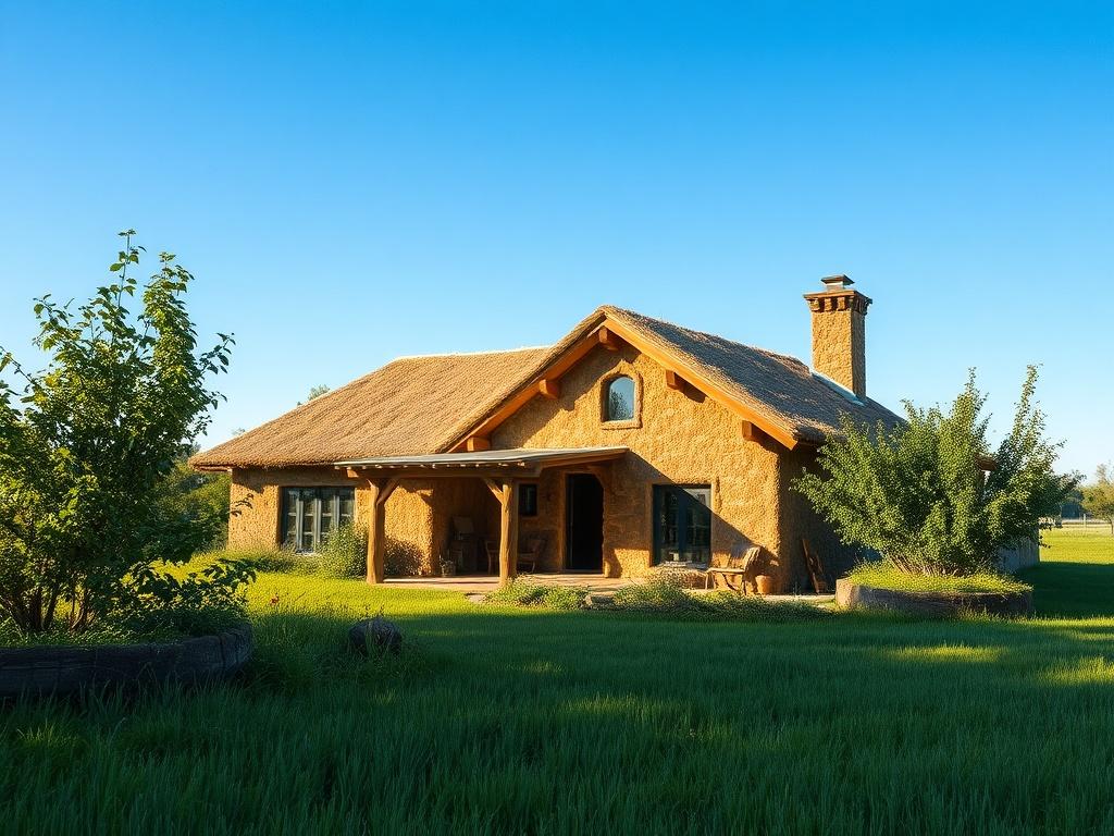 A beautiful straw bale house in a lush green landscape, showcasing eco-friendly building techniques. The house features natural earthy tones and textures, with straw bales visible in the walls, surrounded by a vibrant garden. The sky is clear blue, highlighting the house's sustainable design. The overall composition should evoke a sense of harmony with nature.