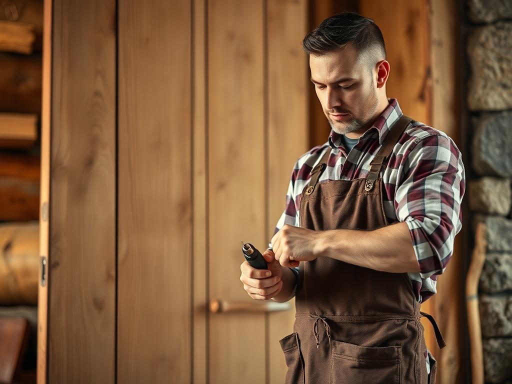 A skilled handyman in a work apron, focused on repairing a wooden door in a cozy home setting. The background features natural materials like wood and stone, creating a warm and inviting atmosphere. The handyman is using a screwdriver, showcasing attention to detail and professionalism. The lighting is soft and warm, highlighting the textures of the materials while emphasizing the handyman's expertise.