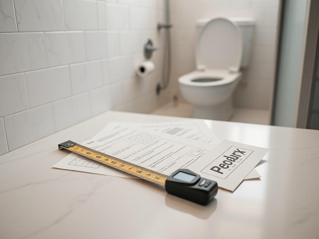 A close-up shot of a compact restroom undergoing renovation, with technical documents and a measuring tool laid out on a clean surface. The ambiance should be bright and organized, complementing a #136A5C theme, to ensure clarity and professionalism, shot with a 45mm f/1.2 lens.