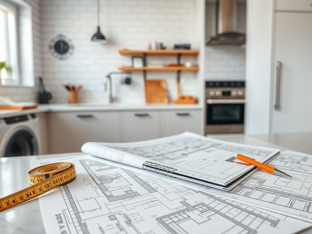 A close-up shot of a modern kitchen under renovation featuring detailed construction plans spread on a counter. The scene should include tools like a measuring tape and a notepad with sketches, showcasing an organized workspace. The colors should harmonize with a #136A5C palette, creating a calm and professional atmosphere, shot with a 45mm f/1.2 lens.