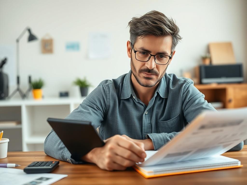 An image of a confident homeowner sitting at a desk, reviewing a detailed renovation report with a calculator and notepad, with a focused expression. The background features a clean and organized workspace, emphasizing clarity and professionalism.