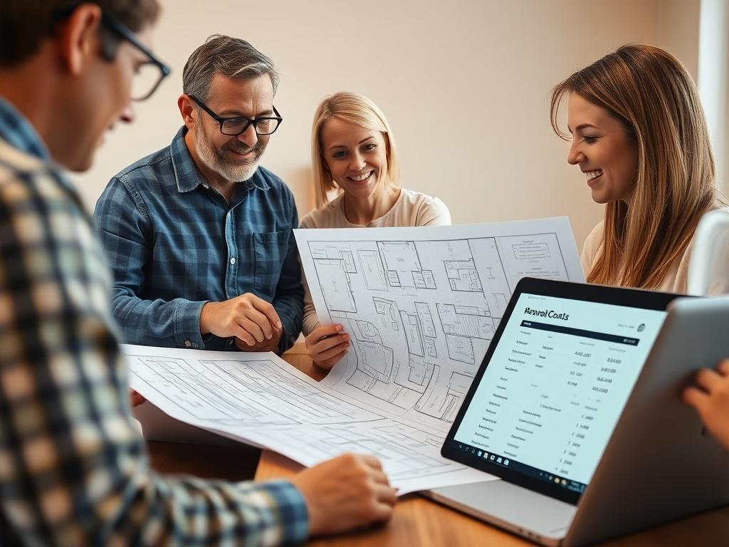 A professional and trustworthy setting showing an architect or homeowner reviewing blueprints for a kitchen renovation, with a laptop open displaying renovation cost estimates. The focus is on the blueprints and the expressions of confidence and clarity on the faces of the people involved. The background is simple with a warm, inviting atmosphere.