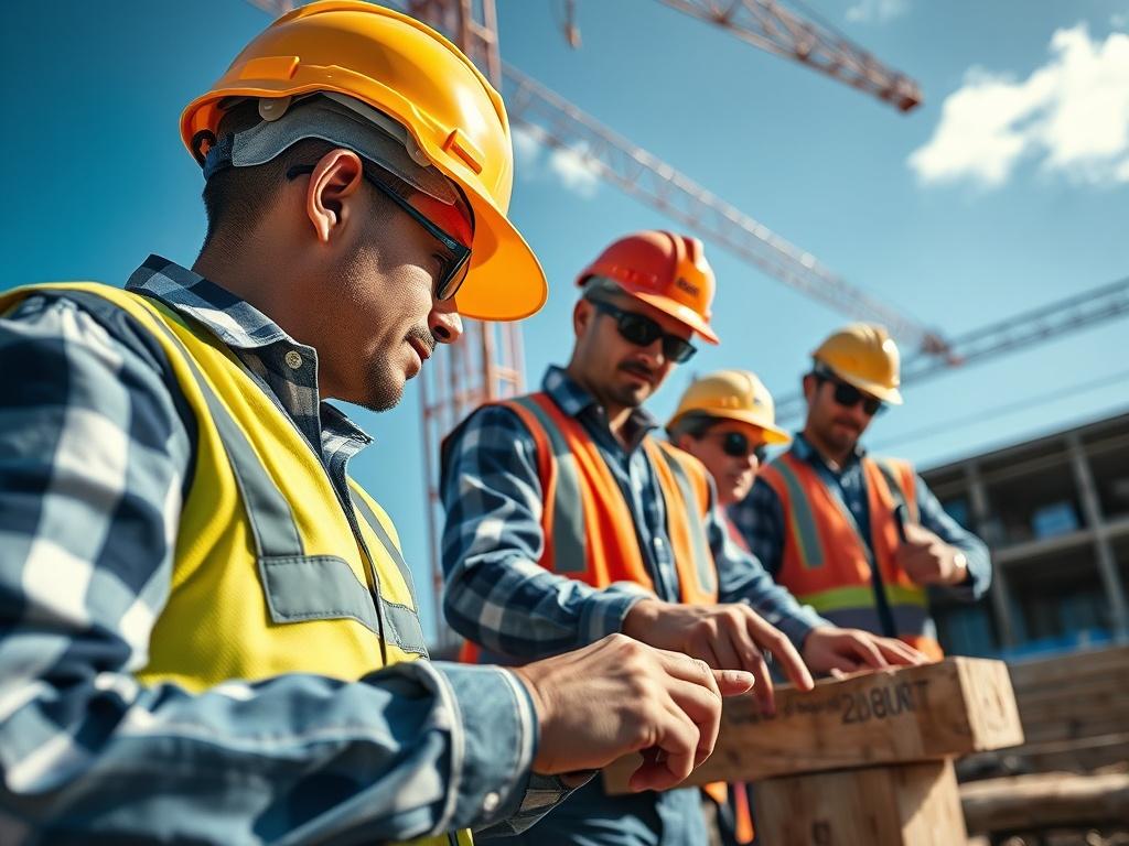A visually appealing close-up of a construction site with workers efficiently collaborating, highlighting smooth project execution. The background shows clear skies, indicating progress and timely completion.