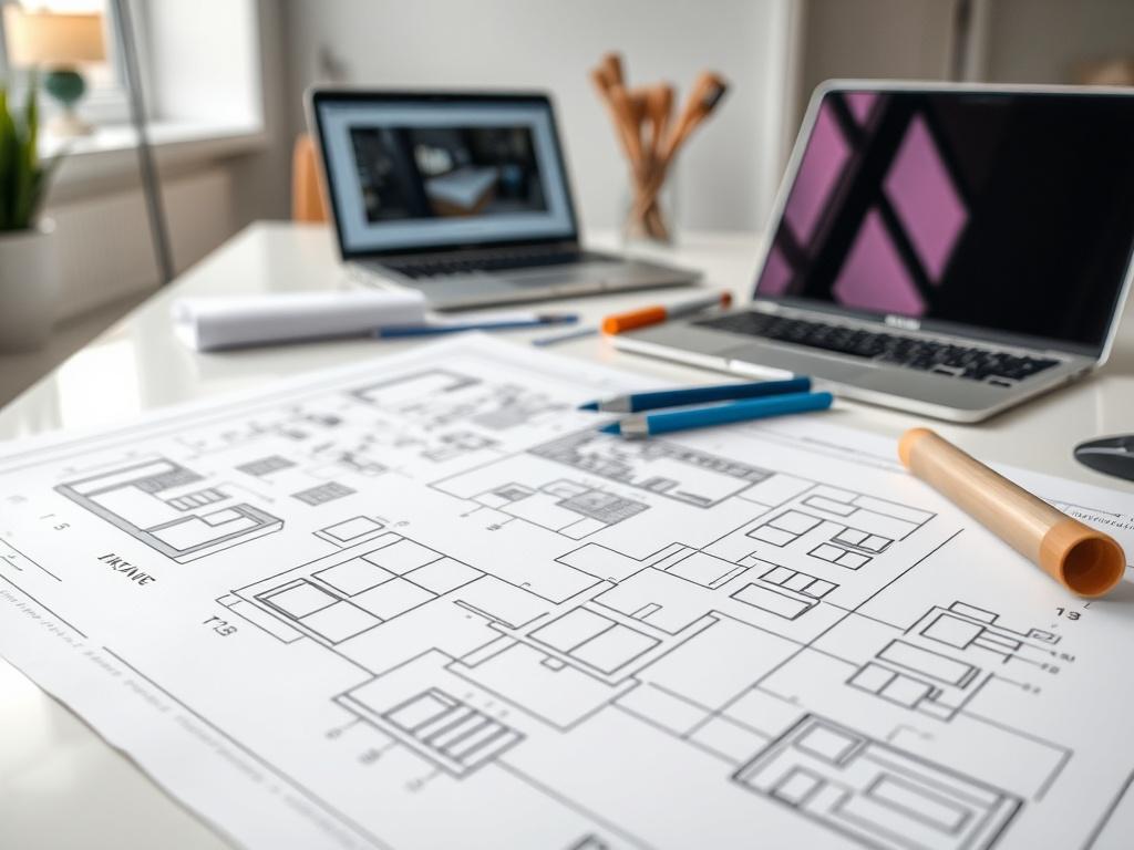 A hyper-realistic close-up shot of a professional kitchen and bathroom design layout on a clean desk, with drafting tools and a laptop visible in the background. The colors should be harmonious and reflect a calm, structured environment. The focus should be on the design layout, showcasing detailed technical drawings.