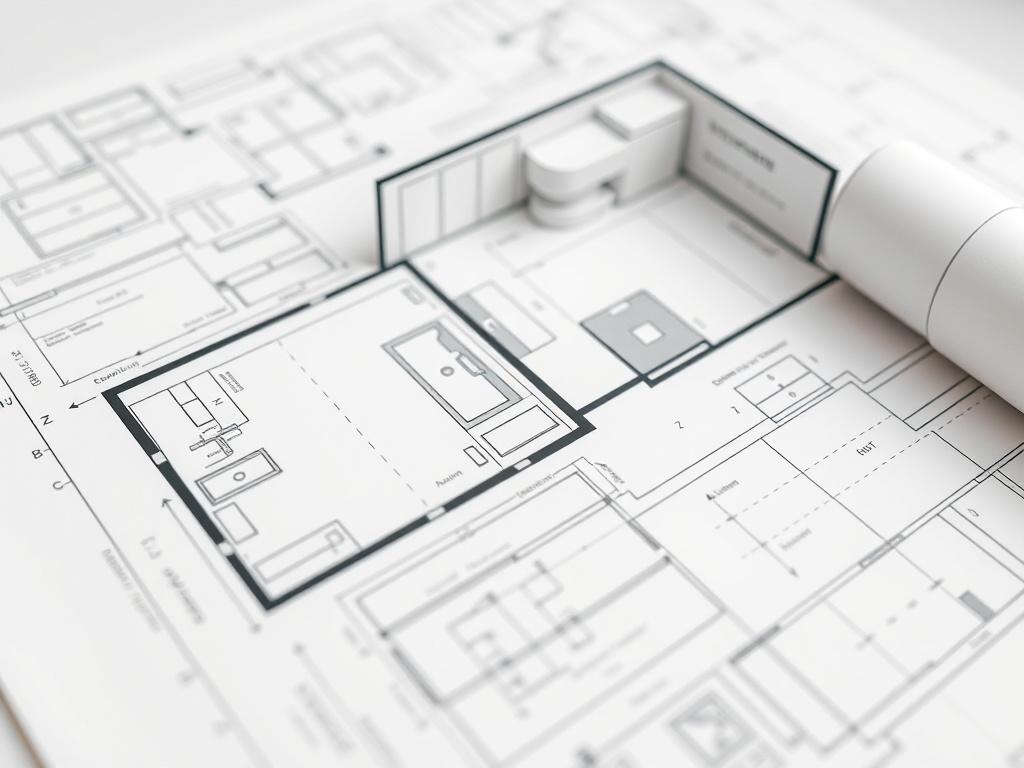 A close-up shot of a beautifully designed kitchen and bathroom layout plan, showcasing detailed technical drawings and annotations. The background is a clean white surface that emphasizes the clarity of the plans. The image captures the precision and professionalism of the design, suitable for a technical execution framework.