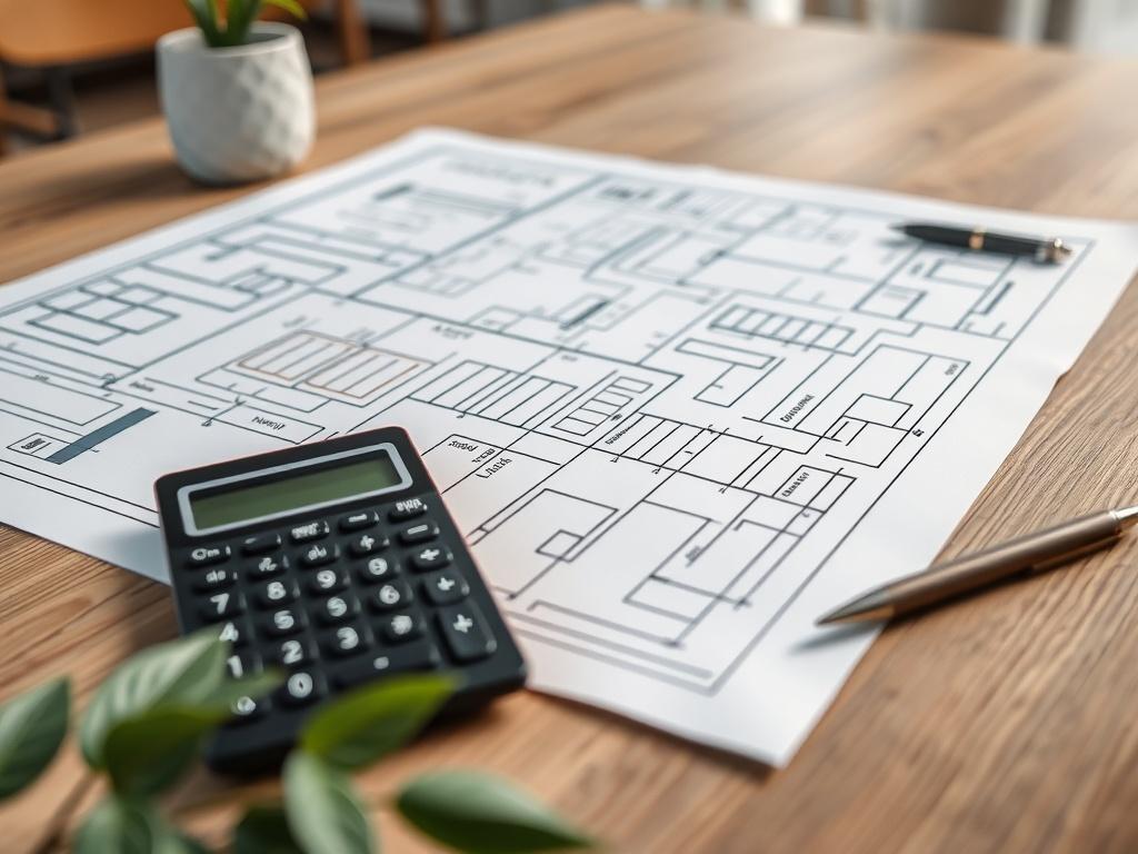 A hyper-realistic close-up shot of a modern kitchen renovation plan spread out on a wooden table. The plan features detailed drawings, notes, and a calculator next to it. The background is softly blurred, emphasizing the planning aspect of home renovations. The color palette is compatible with #136A5C, incorporating elements like a green plant or a stylish pen to enhance the professional feel.