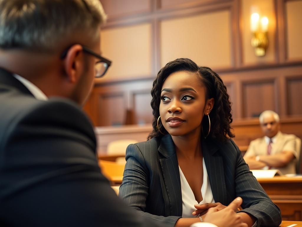 A close-up shot of an African American professional female sitting at a table in a courtroom, engaged in a conversation with a lawyer. She appears confident and focused, wearing a business suit. The background shows elements of a courtroom such as wooden panels and legal books, enhancing the professional atmosphere. The lighting is warm and inviting, highlighting the expressions of both individuals.