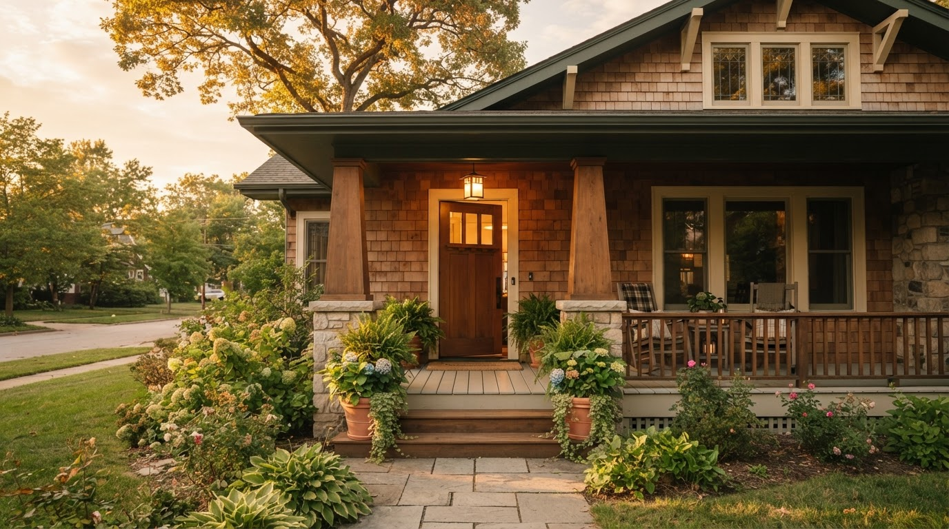 A warm craftsman home porch with its front door slightly open in late-afternoon golden light