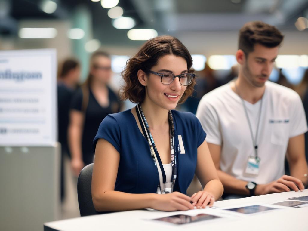 A high resolution depicting a registration desk at a conference,