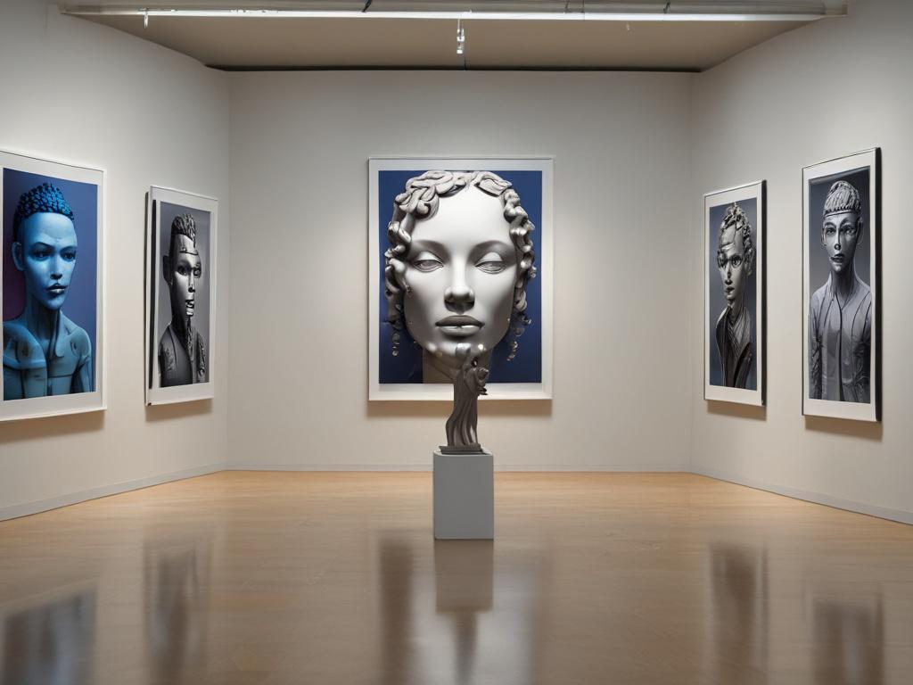A hyper-realistic close-up shot of an AI-generated art piece displayed in a modern museum setting. The artwork should be vibrant and engaging, showcasing a blend of traditional and digital elements. The background should feature museum visitors admiring the art, with soft lighting to create an inviting atmosphere. The composition should focus solely on the artwork, with no text or abstract shapes, emphasizing the intersection of technology and culture.
