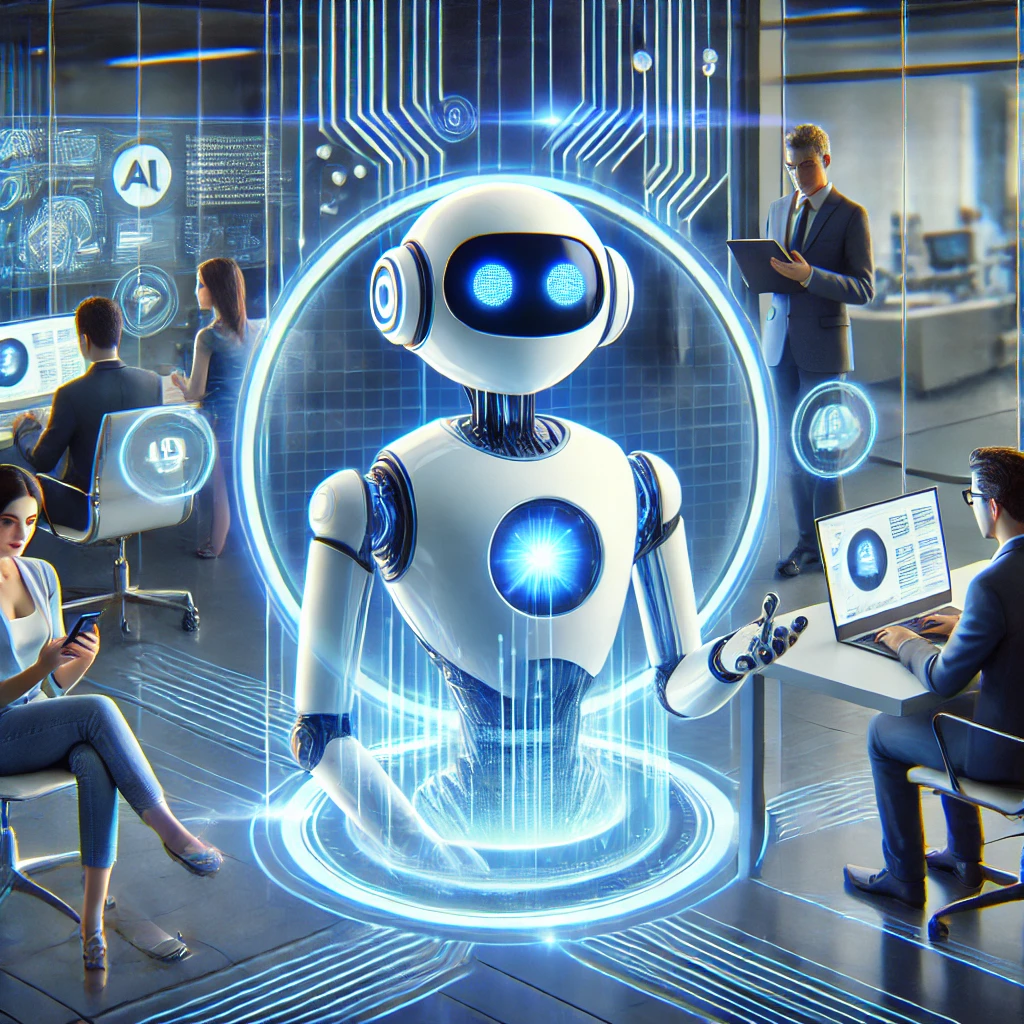 dall·e 2025-01-22 12.05.22 - a futuristic image of a chatbot assisting in customer support. the scene shows a sleek ai-powered virtual assistant with a holographic interface answe.webp