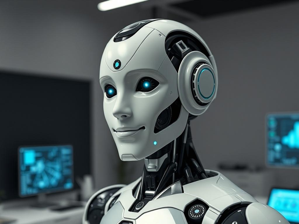 **AI Image Generation Prompt:**

Create a realistic high-resolution photo that embodies the theme "RISE OF AI." The composition should be simple and clear, featuring a single subject at its center: a humanoid robot with intricate detailing and a sleek, modern design. The robot should exhibit a friendly expression, symbolizing the potential for AI to enhance human experiences. 

Position the robot in a well-lit, minimalist environment that reflects a futuristic workspace, with subtle hints of advanced techno