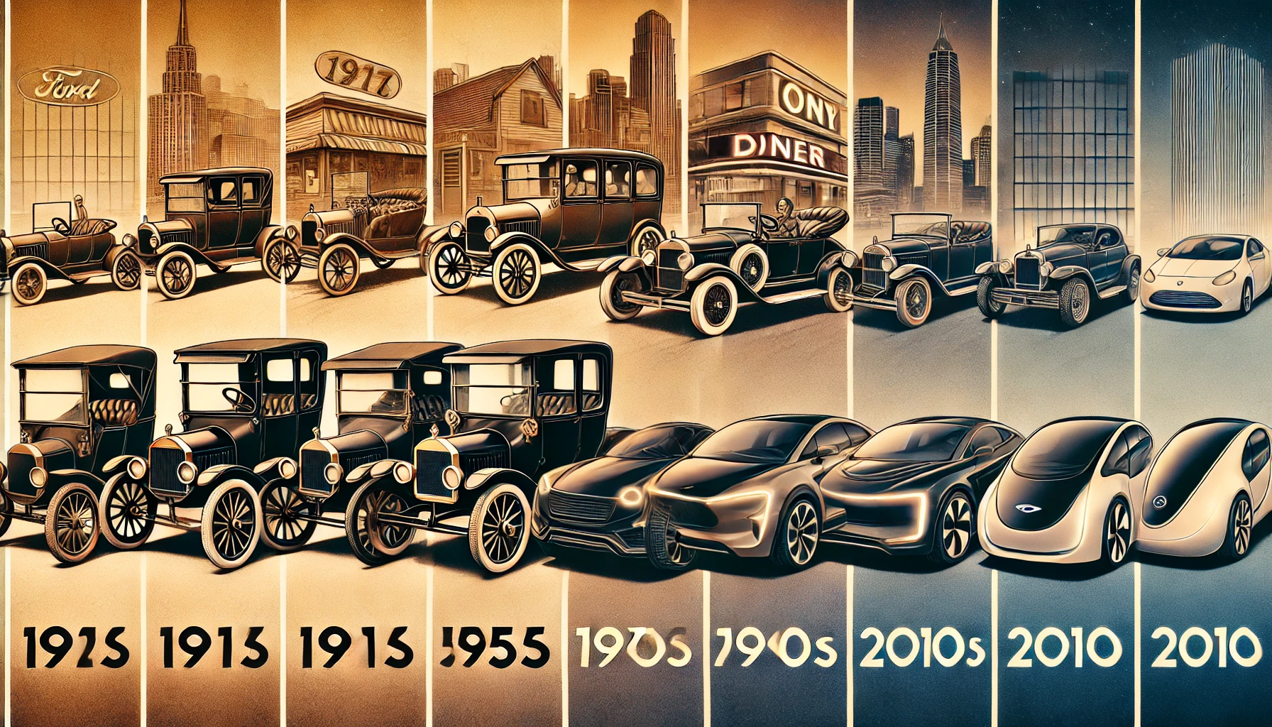 dall·e 2025-01-23 12.27.20 - a panoramic illustration showcasing the evolution of automobiles from a 1917 ford model t to a futuristic modern electric car. the cars are arranged c.webp