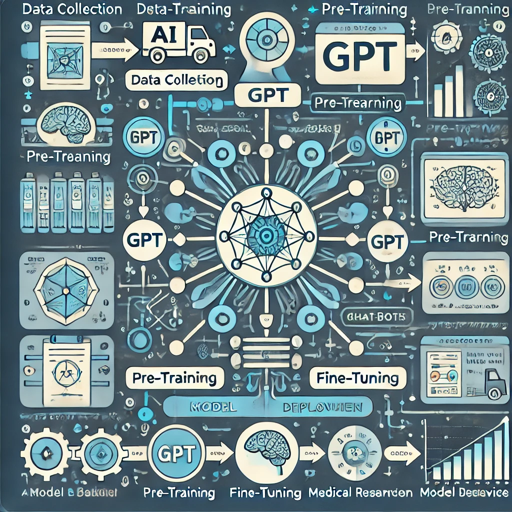 dall·e 2025-02-19 18.36.00 - a detailed diagram illustrating the working mechanism of gpt models. the diagram should include___- a central neural network with interconnected nodes.webp