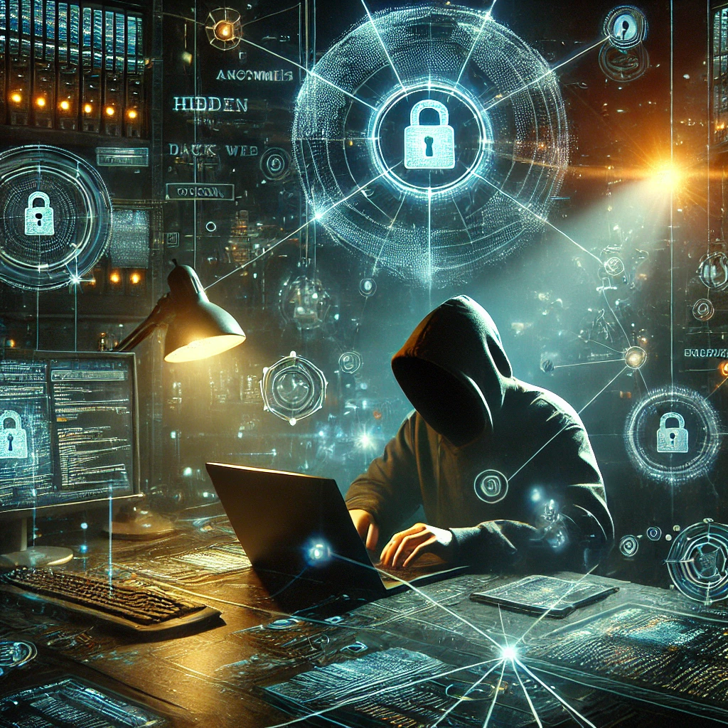 dall·e 2025-01-24 13.46.44 - a detailed and atmospheric image depicting the concept of the dark web. the scene features a dimly lit room with a person working anonymously on a lap.webp