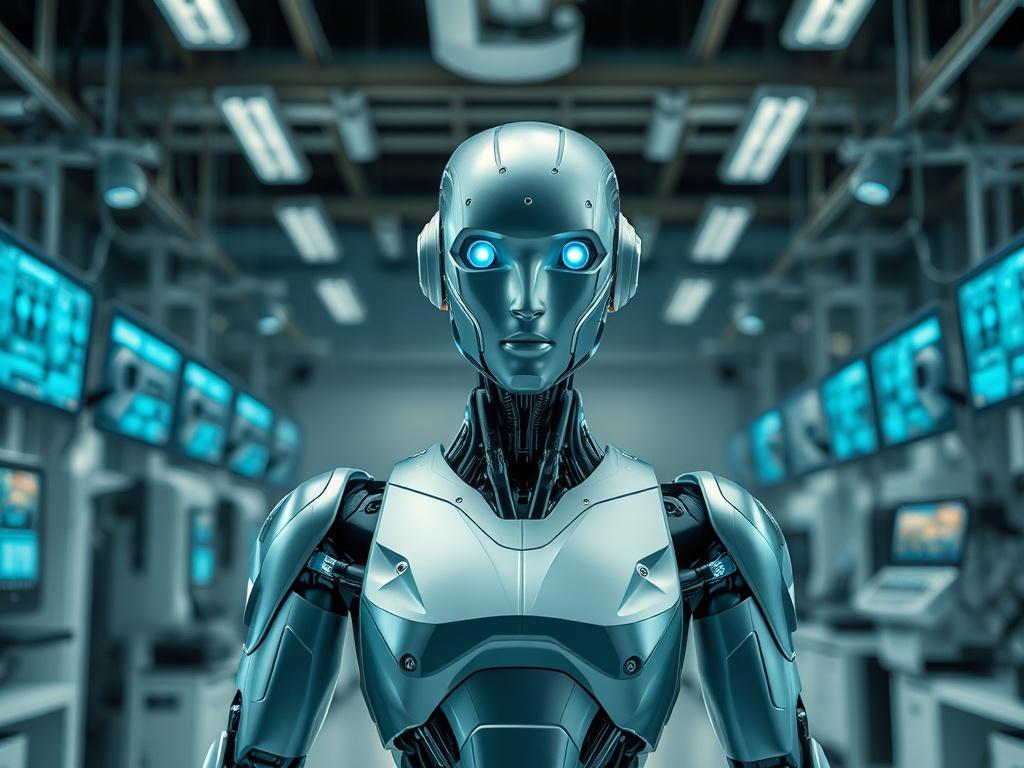 **Prompt for AI Image Generator:**

Create a highly detailed, realistic high-resolution image that vividly illustrates the theme of robotics and its future trends. The main subject should be a sleek, modern humanoid robot standing confidently in a professional setting, symbolizing innovation and technological advancement. The robot should have a humanoid shape, featuring smooth metallic surfaces and glowing LED accents, showcasing a blend of advanced technology and human-like characteristics. 

Position the