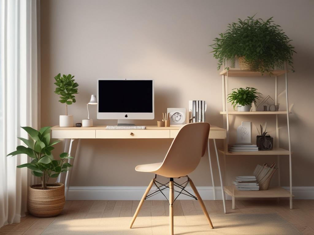 A serene office space with soft lighting, a single desk