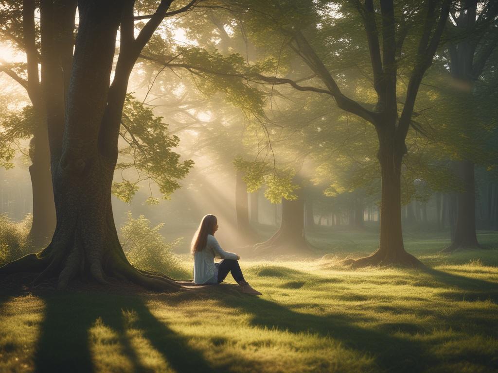 a person reflecting in nature, soft sunlight filtering through trees,