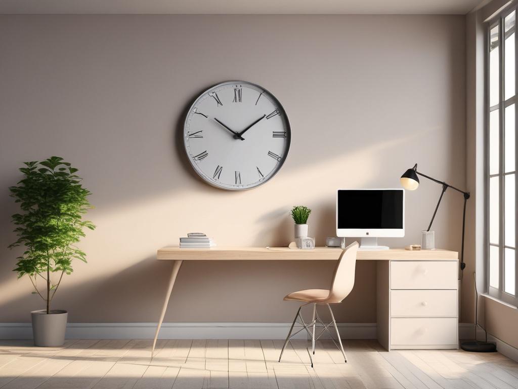 a serene workspace with a clock, soft lighting, minimalistic design,