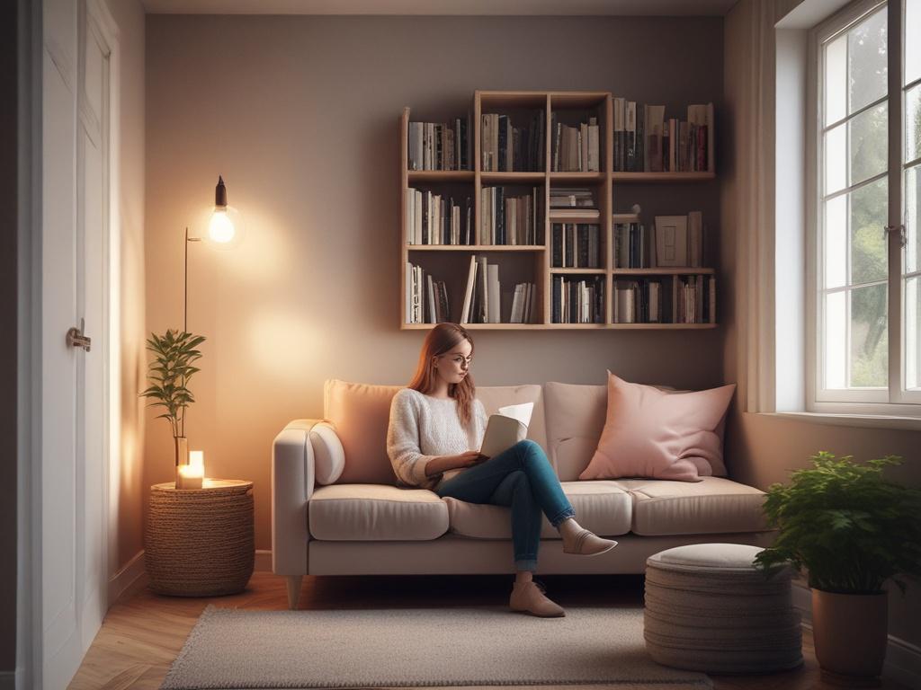 a person reading in a cozy corner, warm lighting, inviting