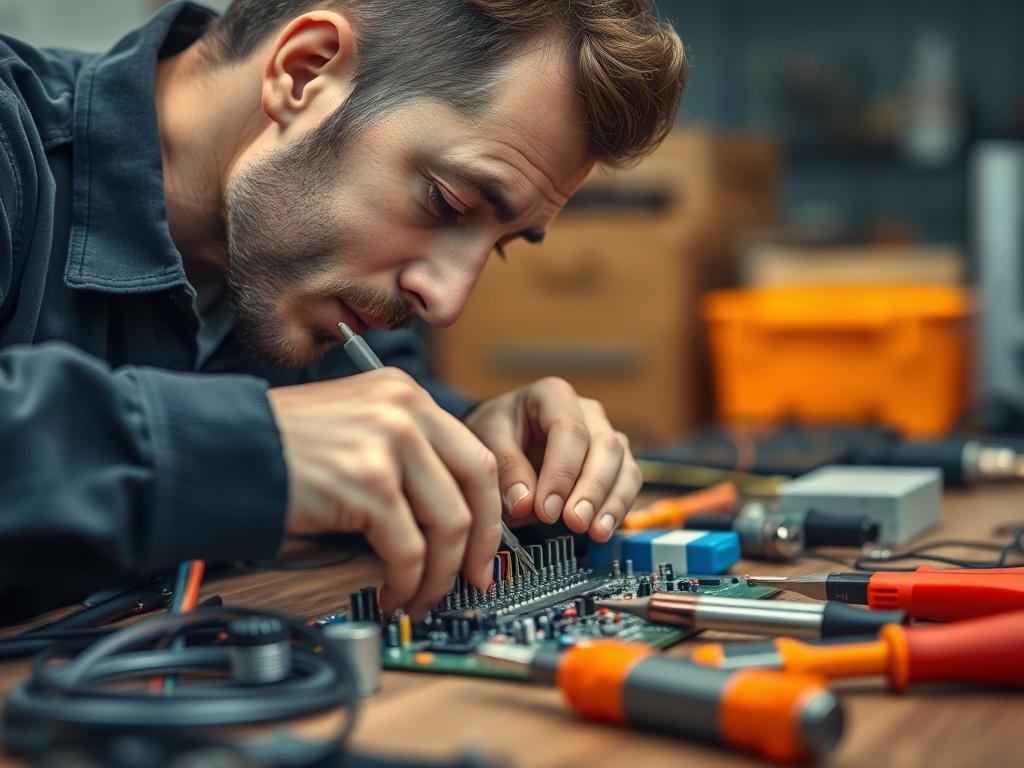 An electrician working on a circuit board, with tools laid
