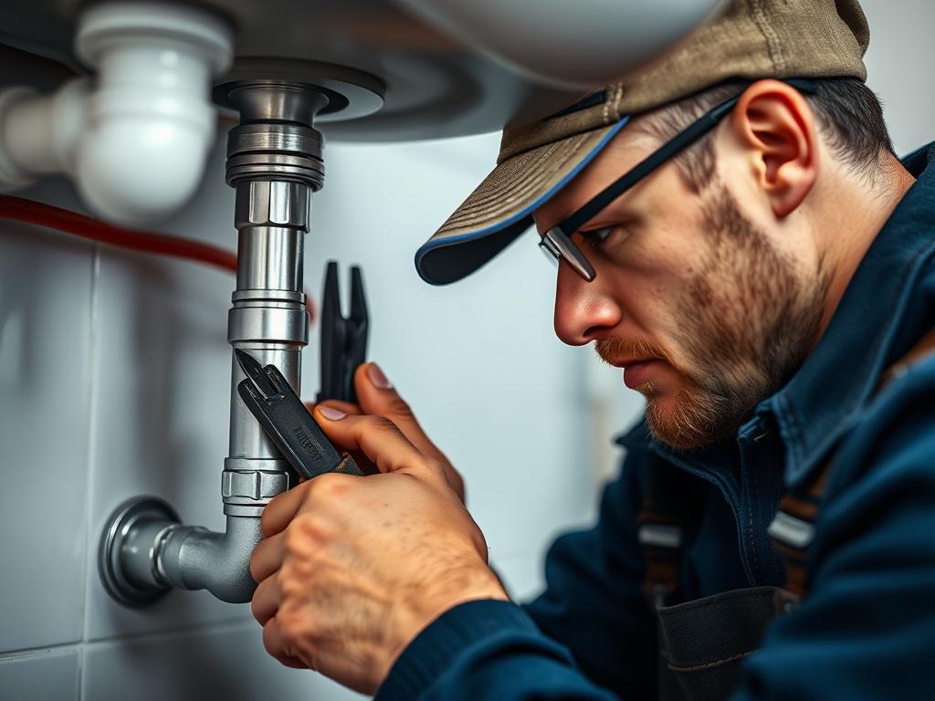 A skilled plumber in action, using tools to fix a