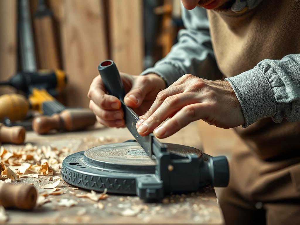A carpenter carefully measuring and cutting wood in a workshop