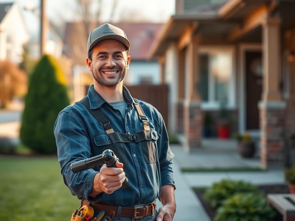 **Prompt for AI Image Generation:**

Create a realistic high-resolution photo that captures the essence of "Finding Reliable Workers Near You." The main subject of the image should be a professional-looking handyman (like a plumber or electrician) in work attire, standing confidently with a toolkit in one hand and a cheerful expression. The handyman should be positioned slightly off-center to the right for a dynamic composition. 

The background should depict a well-maintained residential environment, possi