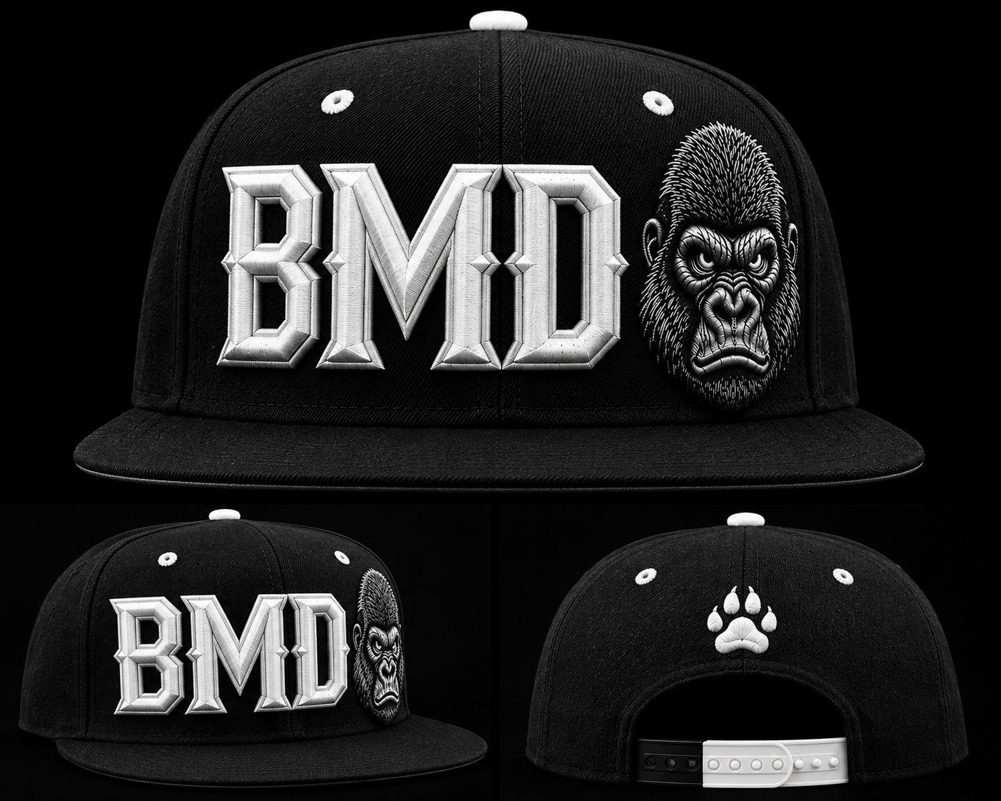 BMD Classic Monochrome Cap - Black with White 3D Embroidery