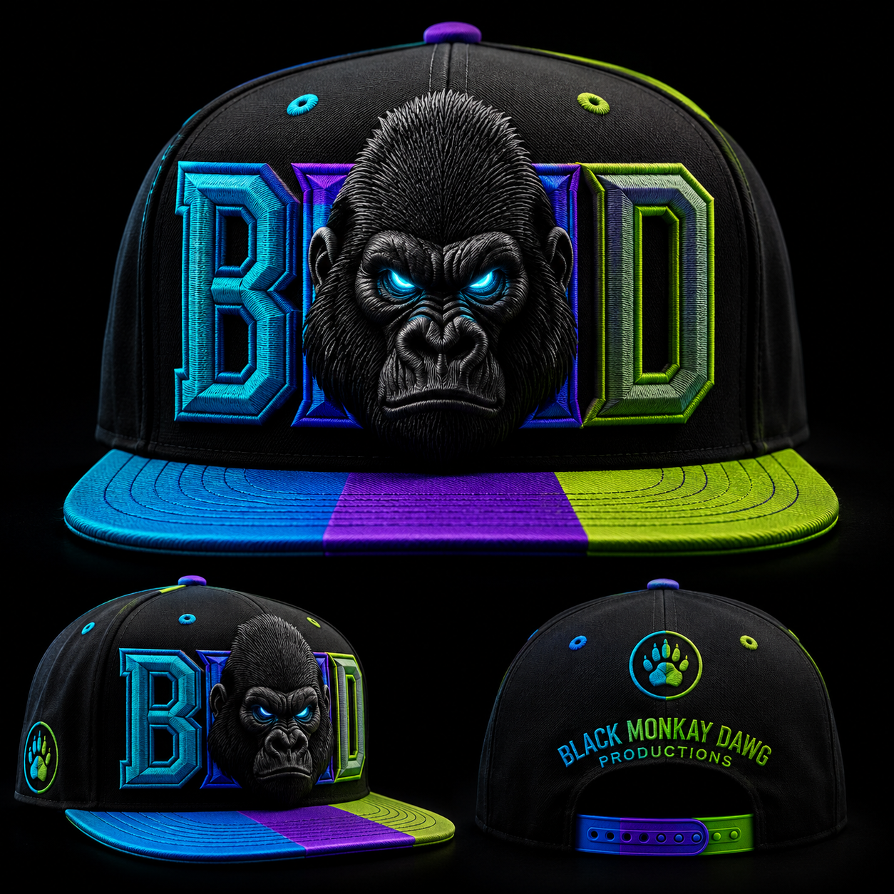 BMD Neon Cyber Cap - Cyan, Purple, and Lime Green Neon Design