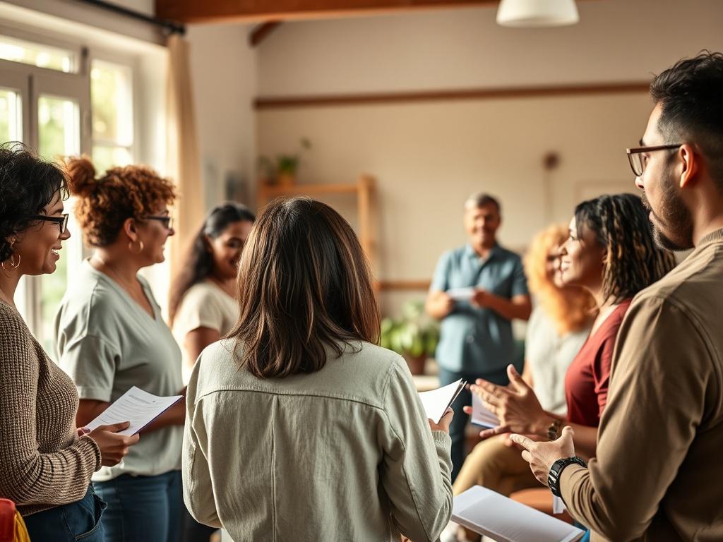 A diverse group of participants engaged in a lively community
