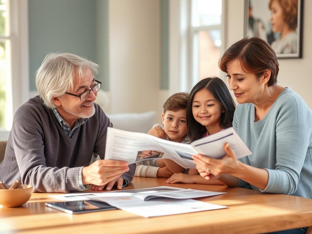 A family sitting together at a table, exploring resource materials