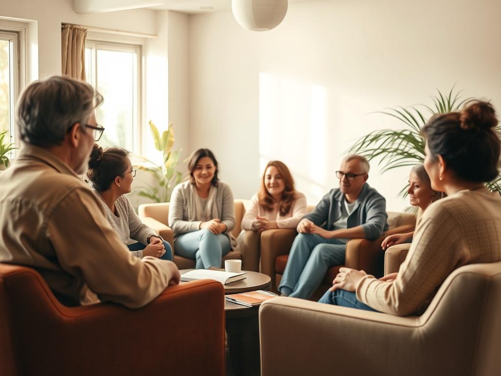 A warm and inviting community workshop setting with a diverse group of individuals engaged in discussion. The scene captures the essence of collaboration and support, with soft lighting and a peaceful atmosphere. The focus is on a facilitator guiding participants, surrounded by comfortable seating and resource materials. The background includes elements of nature, like plants or soft colors, enhancing the comforting ambiance.